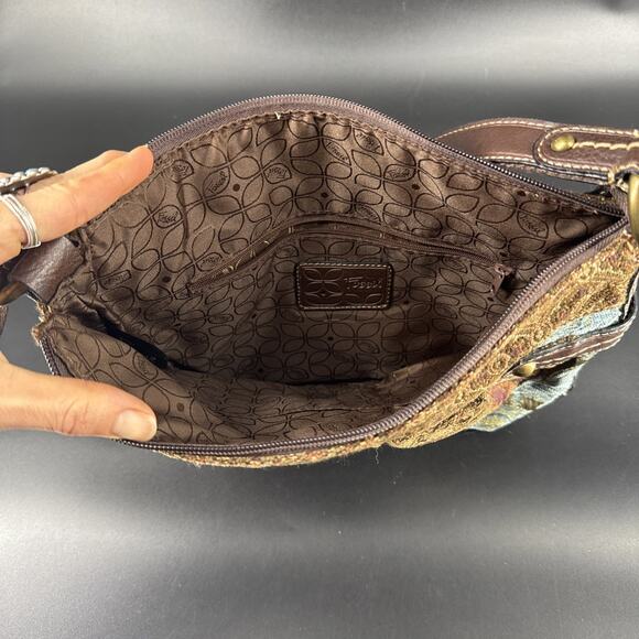 Vintage Fossil Tapestry Brown Purple & Blue Crossbody Purse Bag Leather Trim - Picture 7 of 14